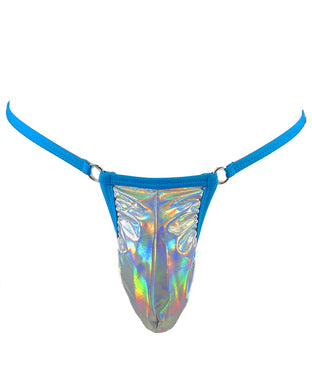 Holographic Lamé Mens Pouch 4 O-Ring Triangle Thong (Neon Blue)