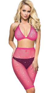 2pc Rhinestone Fishnet Set Bra and High Waisted Shorts (Rave Festival Outfit)