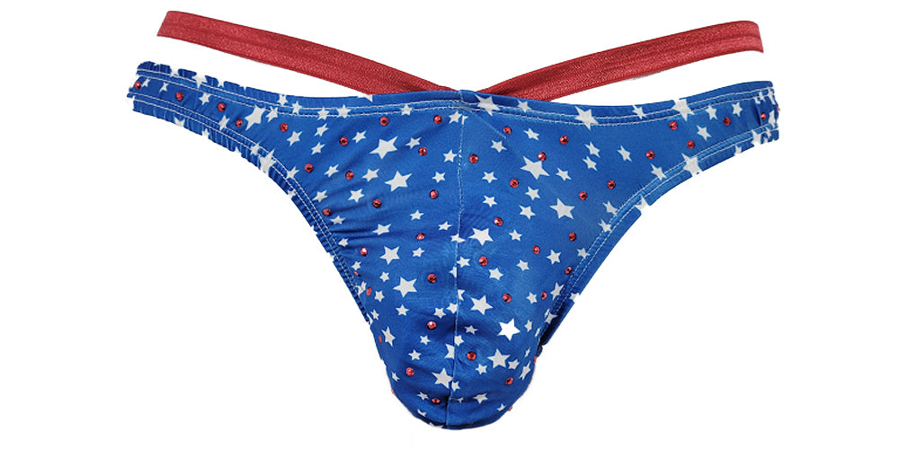 Mens Stars and Stripes Double Strap Thong (Sexy 4th of July American Flag Underwear) Rhinestone Accent Details Mens Stars and Stripes Double Strap Thong (Sexy 4th of July American Flag Underwear) Rhinestone Accent Details