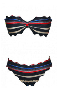 Scallop Edge Multicolor Striped Bandeau Bikini Set