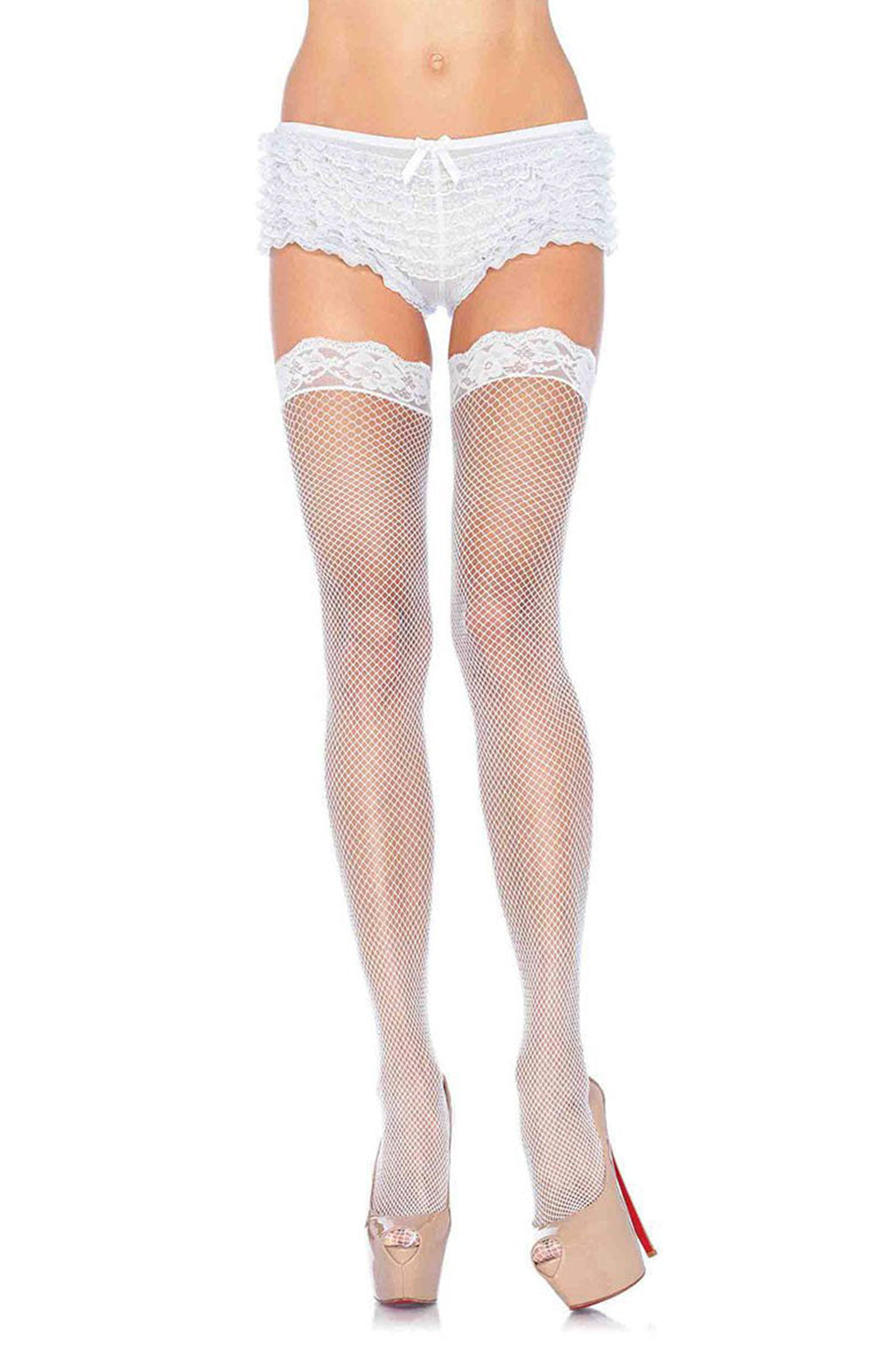 White Fishnet Stockings With Lace Top