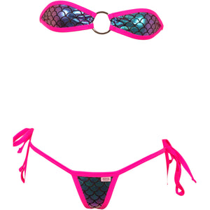Women's 2 Piece Micro Bikini Swimwear Scale O-Ring Bandeau Top & Tie Side Thong