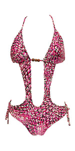 Woman's Sexy Pink/White/Black Cut Out Monokini One Piece Bathing Suit with Accent Beads
