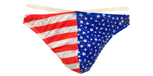 Men's Double Waist USA American Flag with accent Star Shape Rhinestone Thong Underwear, Sexy Full Thong Underwear