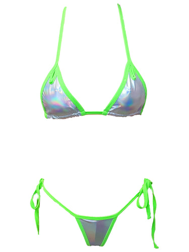 Adiva Intimates Holographic Bikini Top and Scrunchy Butt Tie Side Panty (Sexy Bikini) (Neon Green Trim)