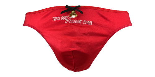 Mens Lick My Candy Cane Thong w/Black Bow & Gold Bell (Men Christmas underwear) Sexy holiday thong