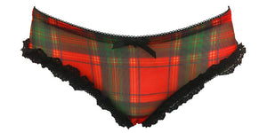 Holiday Christmas Mesh Red Plaid Brief Underwear with Lace Trim and Accent Bow