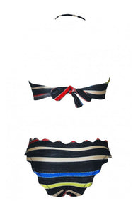 Scallop Edge Multicolor Striped Bandeau Bikini Set