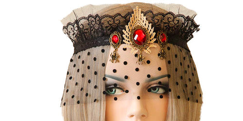 Burlesque/ Vampire/ Gothic Queen Lace Crown with Dotted Face Mesh