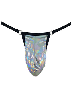 Holographic Lamé Mens Pouch 4 O-Ring Triangle Thong (Black)