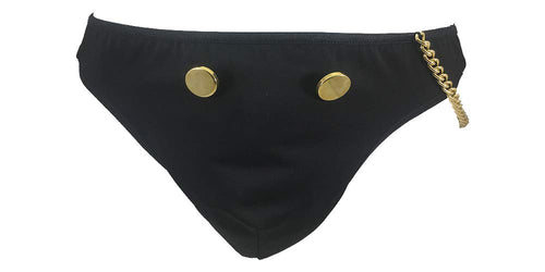 Men's Sexy Black Classic New Year tuxedo thong w/ accent gold button & gold chain (waiter tux thong) gag underwear