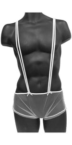 Men's Sexy New Year Tuxedo Sling Brief (Silver/White) Sheer see through Mesh w/ Rhinestone side detail