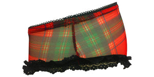 Holiday Christmas Mesh Red Plaid Brief Underwear with Lace Trim and Accent Bow