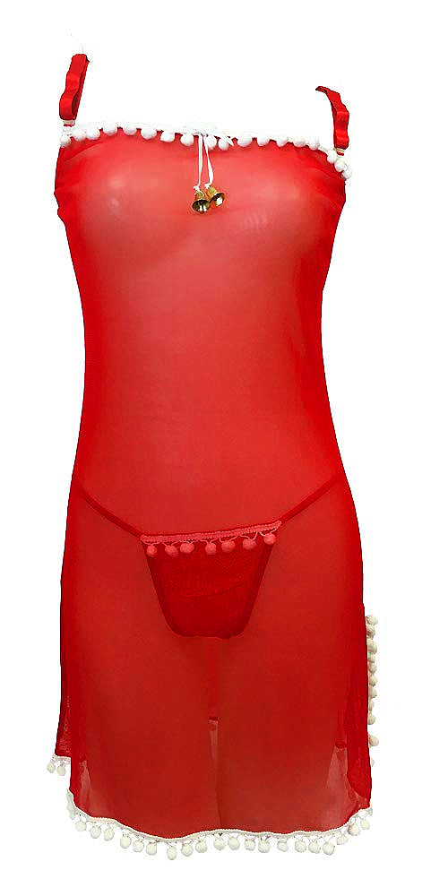 Sexy Ms. Santa Mesh Babydoll with Trim and Accent Bells (4 PC) Christm LingerRave Sexy Ms. Santa Mesh Babydoll with Trim and Accent Bells (4 PC) Christm LingerRave