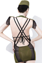 Fever Army Major; 3Pc Mesh Chemise W/Criss Cross Back & Fringed Shoulder Tassles, Hat & Thong