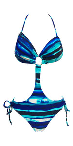 Woman's Sexy Blue Tie Die Cut out Monokini one piece with Accent O-Ring